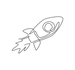Poster - single continuous line drawing of rocket launch flying in outer space logo label. future transportat