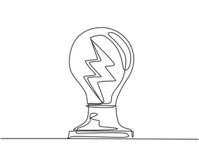 Poster - single continuous line drawing of shine light bulb with thunder bolt inside logo label. power up ele