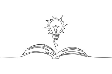 Poster - single continuous line drawing of open book with shining light bulb upside logo label. public librar