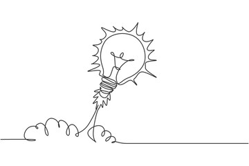 Poster - one continuous line drawing of light bulb ready to take off to space logo emblem. smart bright launc