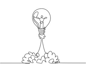 Poster - single continuous line drawing of smart bright light bulb take off flying to the space logo label. r