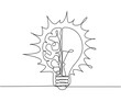 © Simple Line - One continuous line drawing of half human brain and half light bulb logo emblem. Genius psychological logotype icon template concept. Modern single line draw graphic design vector illustration