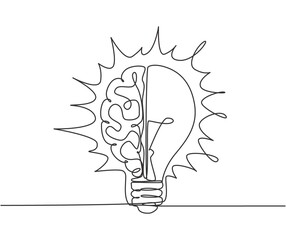 Poster - One continuous line drawing of half human brain and half light bulb logo emblem. Genius psychological logotype icon template concept. Modern single line draw graphic design vector illustration
