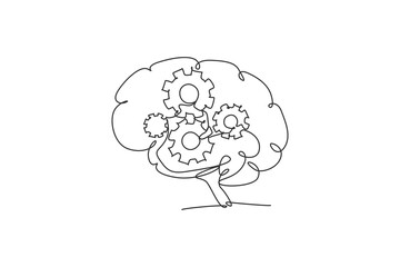 Poster - One continuous line drawing of metal round wheel gear inside human brain for company logo icon. Smart machine logotype symbol template concept. Trendy single line draw design vector illustration