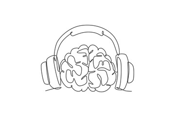 Poster - Single continuous line drawing of human brain listening music beat for musical company logo label. Smart audio dj logotype icon concept. Modern one line draw graphic design vector illustration