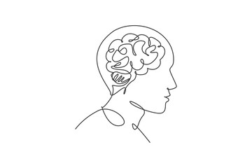 Poster - One continuous line drawing of human head with smart brain inside from side view logo icon. Psychological office logotype symbol template concept. Trendy single line draw design vector illustration