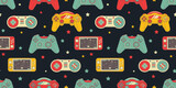 Fototapeta  - Vector Seamless Retro pattern with joysticks. Video game controller gaming cool print for boys and girls. Print for textiles, sportswear.