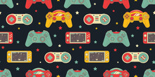 Seamless Retro Pattern With Joysticks. Video Game Controller Gaming Cool Print For Boys And Girls. Print For Textiles, Sportswear.