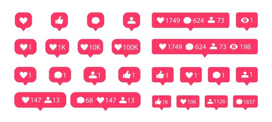 Poster - Social media notification flat icons set. Like, comment, follower and view buttons. Vector social media bubble icons.