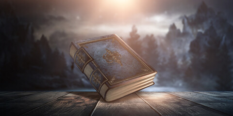 Magic vintage fantasy book on a dark background, landscape, smoke, fog, neon moonlight in the dark. 3D illustration. 