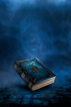 Magic Vintage Fantasy Book On A Dark Background, Landscape, Smoke, Fog, Neon Moonlight In The Dark. 3D Illustration. 