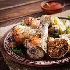 Wall Mural - Baked chicken legs with slice potatoes and herbs. Barbecue chicken drumsticks on wooden table.