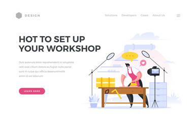 Poster - Create your own workshop life hack home page banner. Male character broadcasting online from his carpentry workshop.