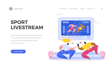 Poster - Sports live broadcast landing page banner. Two male characters are watching online boxing match cheering together.