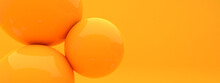 Orange Spheres Of Balls On Orange Background. Realistic 3d  Render Of Shapes. Horizontal Banner, Poster, Header Pattern For The Website