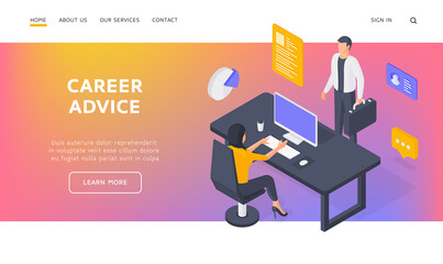 Poster - Office employees working in company isometric vector illustration. Banner template