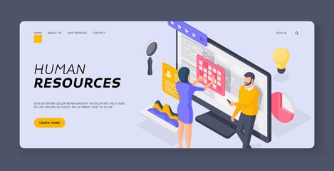Poster - Specialists managers working with data isometric vector illustration. Landing page banner template