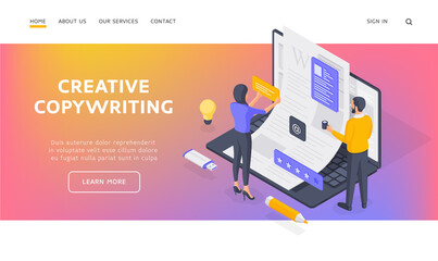 Poster - Office workers doing creative copywriting isometric vector illustration. Banner template