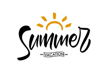 Fototapete - Vector Brush lettering composition of Summer Vacation with doodle sun on white background.
