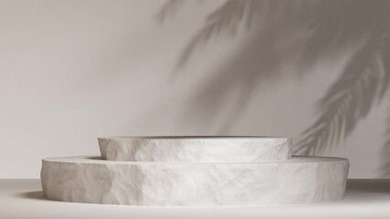 Poster - 3D Podium for packaging presentation and cosmetic. Product scene with rock stand and a light palm shadow motion. Natural realistic pedestal. Loop animation.