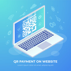 Wall Mural - QR payment on website banner. QR code on laptop screen. 3d Scan barcode concept, Online QR pay isometric vector. Digital internet payment