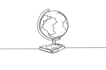 Poster - earth globe above books stack. single continuous line world global map graphic icon. simple one line