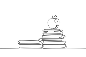 Poster - continuous one line drawing of apple above books stack minimalist vector illustration design on whit