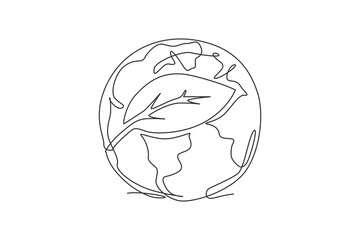Poster - Single one line drawing of green leaf on globe earth. Leaf tree icon for green nature concept. Infographics, save environment campaign isolated on white background. Design vector graphic illustration