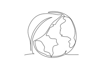 Poster - Green leaf on earth globe. Continuous one line drawing nature leaf minimalist vector illustration design on white background. Simple line modern graphic style. Hand drawn graphic natural concept