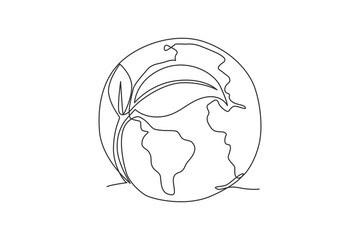 Poster - Green leaf on globe. Single continuous line world natural global map graphic icon. Simple one line doodle for save earth concept. Isolated vector illustration minimalist design on white background