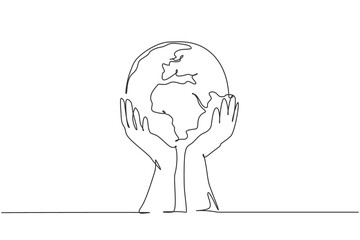 Poster - Single one line drawing of man holding global earth. Save nature icon silhouette concept. Infographics, green environment campaign isolated on white background. Design vector graphic illustration