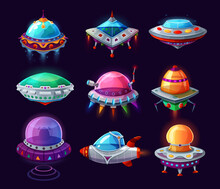 UFO Or Alien Saucers And Space Aircraft, Cartoon Vector Icons For Kids Design Illustration. Funny Colorful UFO Saucers Form Outer Space, Child Decoration Elements And Galaxy Sky Spaceship Disks