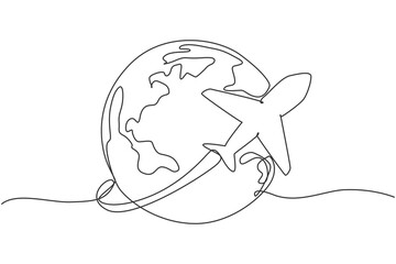 Poster - Single one line drawing of airplane fly through the sky. Globe icon silhouette for tours and travel concept. Infographics, business presentation on white background. Design vector graphic illustration