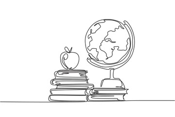 Poster - earth globe on desk. continuous one line drawing of books minimalist vector illustration design on w