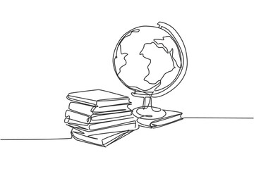 Poster - Earth globe beside books stack. Continuous one line drawing minimalist vector illustration design on white background. Simple line modern graphic style. Hand drawn graphic concept for education