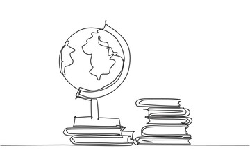 Wall Mural - Single one line drawing of globe and stack of books. Earth and book graphic for education concept. Infographics, school presentation isolated on white background. Design vector illustration