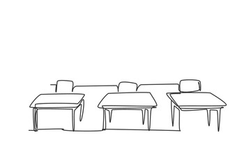 Wall Mural - Single one line drawing of school chair and table inside a kindergarten classroom. Back to school minimalist, education concept. Continuous simple line draw style design graphic vector illustration