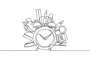 Wall Mural - Single one line drawing of school tools set, alarm clock, book, pen, pencil, ruler. Back to school minimalist, education concept. Continuous simple line draw style design graphic vector illustration