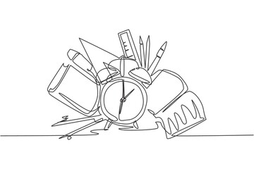 Poster - single continuous line drawing of alarm clock with book, pencil, pen, ruler, compass set. back to sc