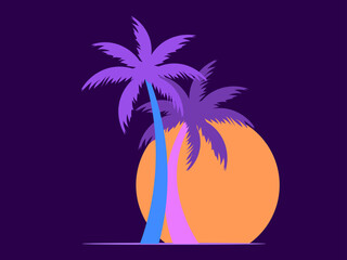 Two palm trees at sunset. Romantic tropical sunset. 80s Retro style. Design for advertising brochures, banners, posters, travel agencies. Vector illustration