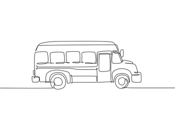 Poster - single continuous line drawing of old elementary school bus vehicle. back to school minimalist style