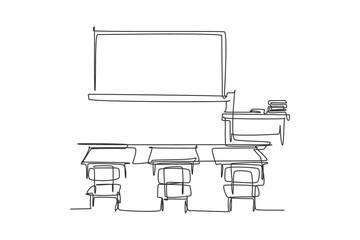 Poster - continuous one line drawing interior design at school classroom with white board. back to school han