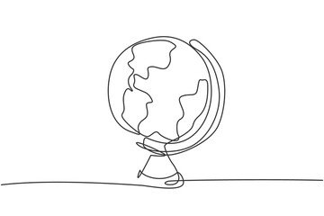 Poster - Continuous one line drawing round world globe map. Back to school hand drawn minimalism concept. Single line draw design for geography education vector graphic illustration