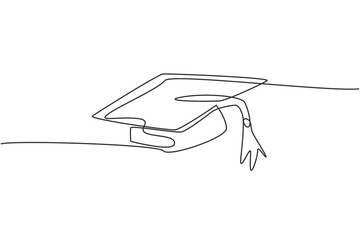 Poster - single continuous line drawing of gown graduation uniform set. graduation hat for bachelor. back to 