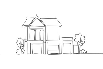 Wall Mural - Single one line drawing of green fresh modest house at countryside. Home eco building construction isolated doodle minimal concept. Trendy continuous line draw design graphic vector illustration