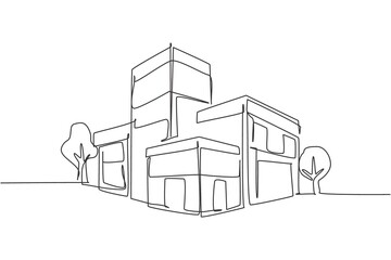 Poster - Single continuous line drawing luxury house building at big city. Home architecture property isolated minimalism concept. Dynamic one line draw graphic design vector illustration on white background