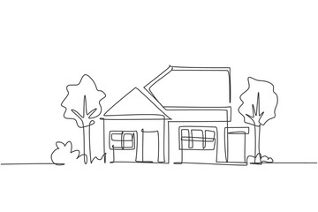 Poster - single continuous line drawing green eco modest house at village. home building construction isolate