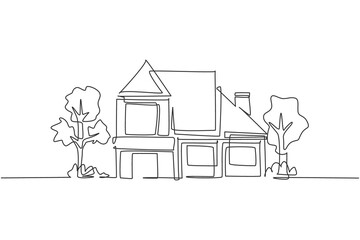 Poster - single one line drawing of eco friendly house construction building. home architectural property iso