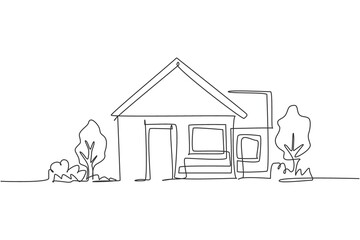 Poster - Continuous one line drawing of green little house with garden trees at village. Nature home architecture hand drawn minimalist concept. Modern single line draw design vector graphic illustration