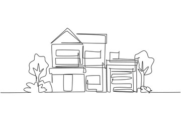 Poster - single one line drawing green minimalist modest house in town. home architecture building constructi